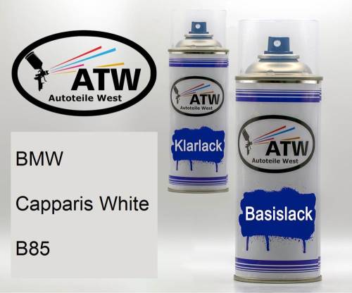 BMW, Capparis White, B85: 400ml Sprühdose + 400ml Klarlack - Set, von ATW Autoteile West.